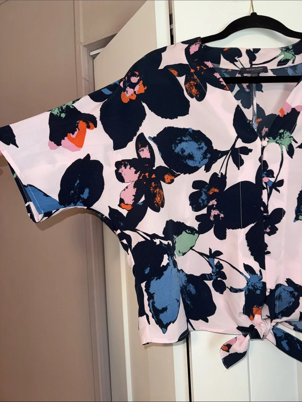 Boutique Pink Floral Tie-Front Blouse with Navy and Blue Accents - Picture 2 of 3